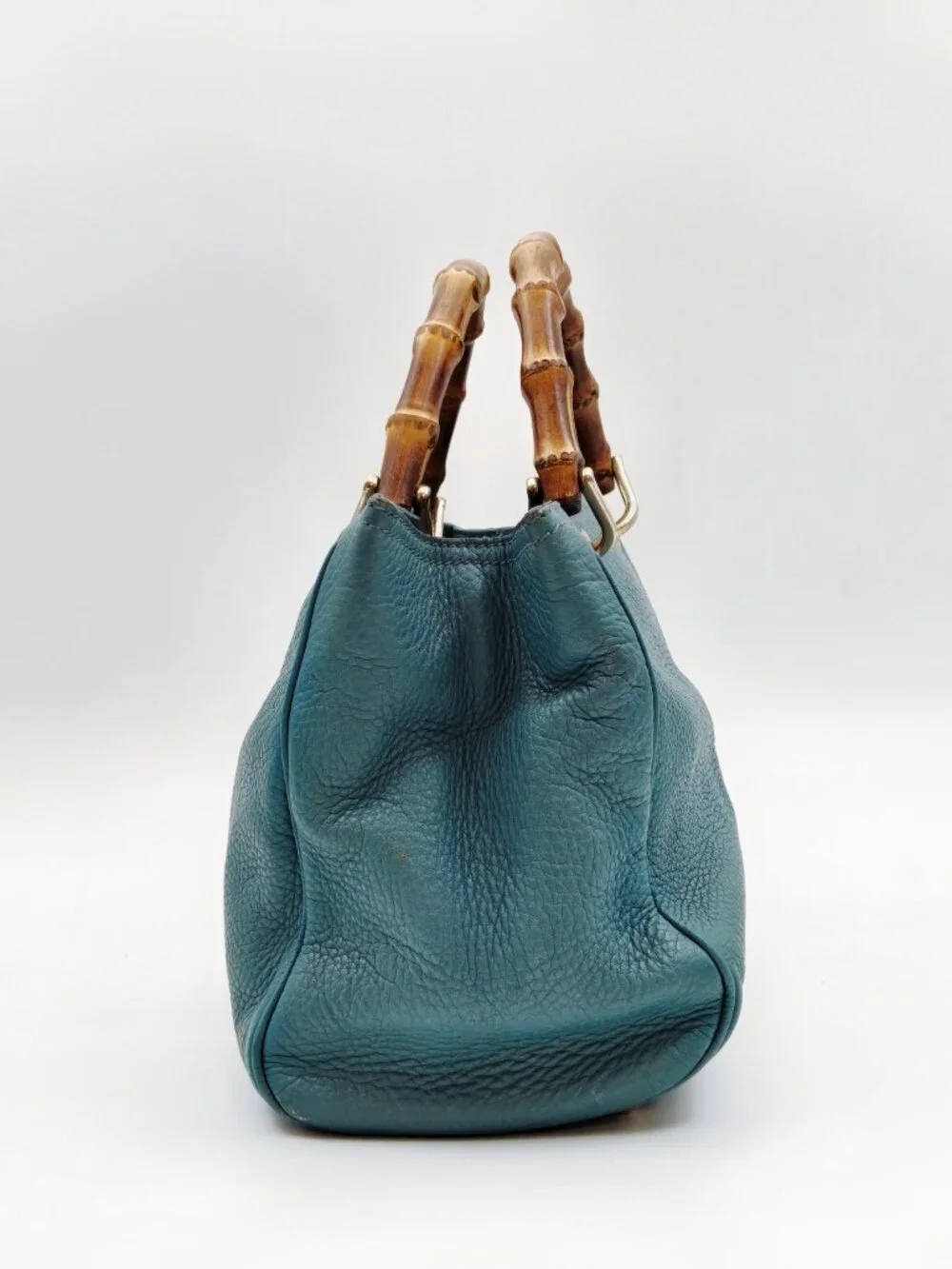 Gucci Bamboo Top Handle Leather Tote Bag Blue Convertible Satchel Italy